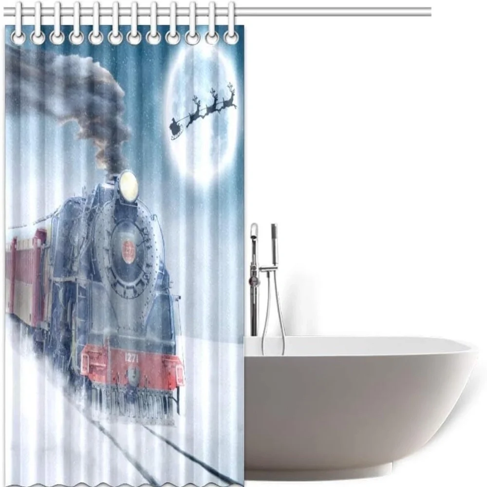 Christmas Train Polyester Fabric Shower Curtain 72 X 72 Inches w/12 hooks
